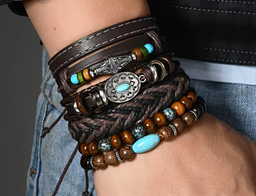 Armband set leder holz metall - set,